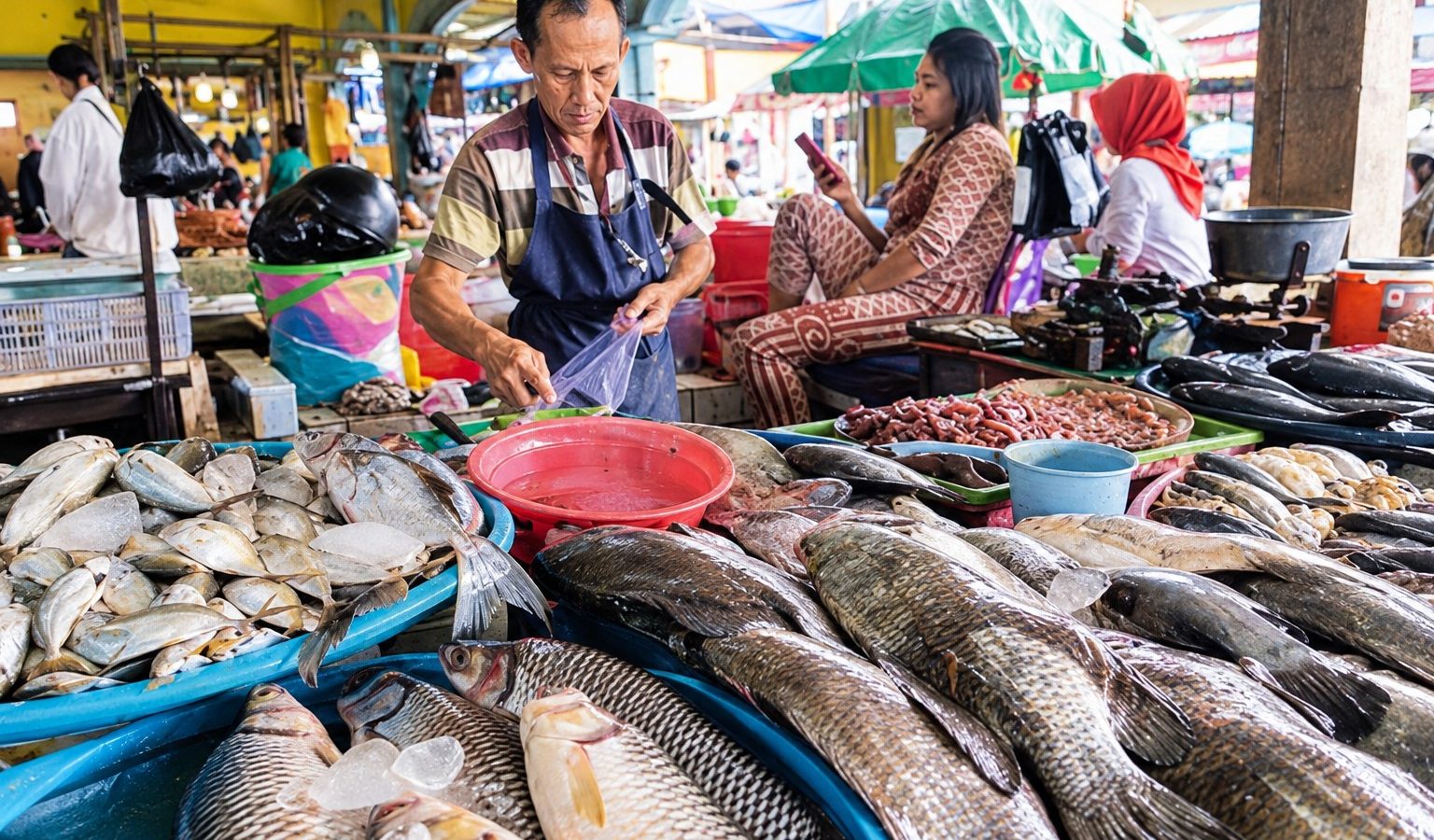 Aktivitas perdagangan ikan di Sampit di tengah tekanan kemarau yang memengaruhi pasokan perikanan.