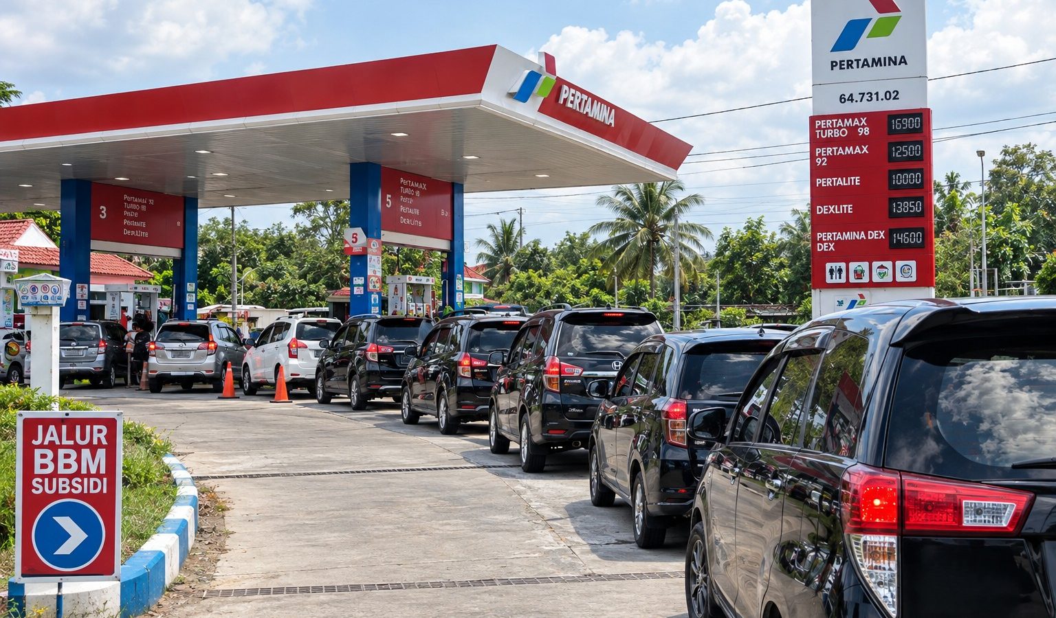 Antrean kendaraan mengular di salah satu SPBU.