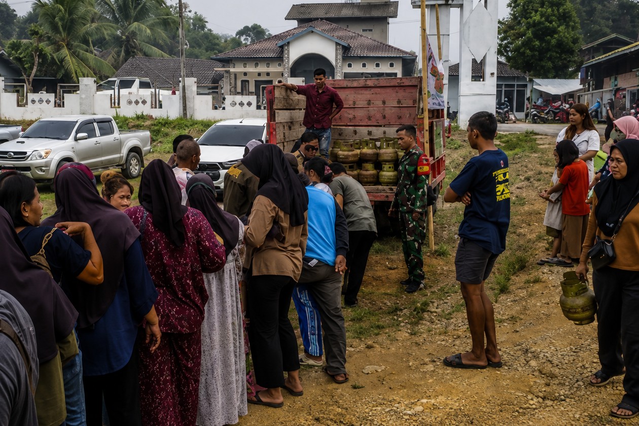 Antrean warga saat berada di lokasi pasar penyeimbang LPG 3 kilogram di Kecamatan Teweh Timur, Barito Utara.