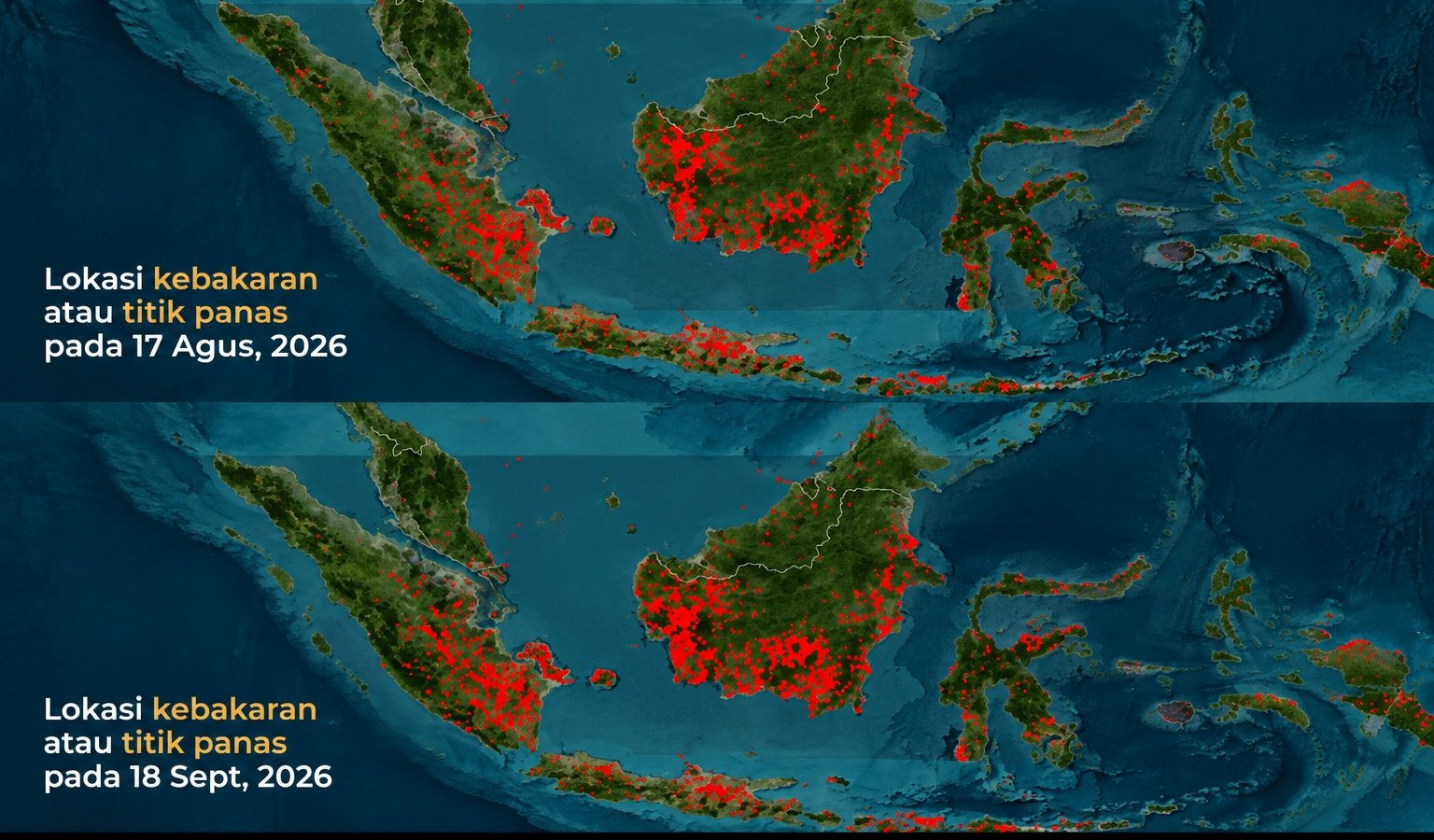 Citra satelit NASA menunjukkan sebaran asap dan deteksi kebakaran di Pulau Borneo.