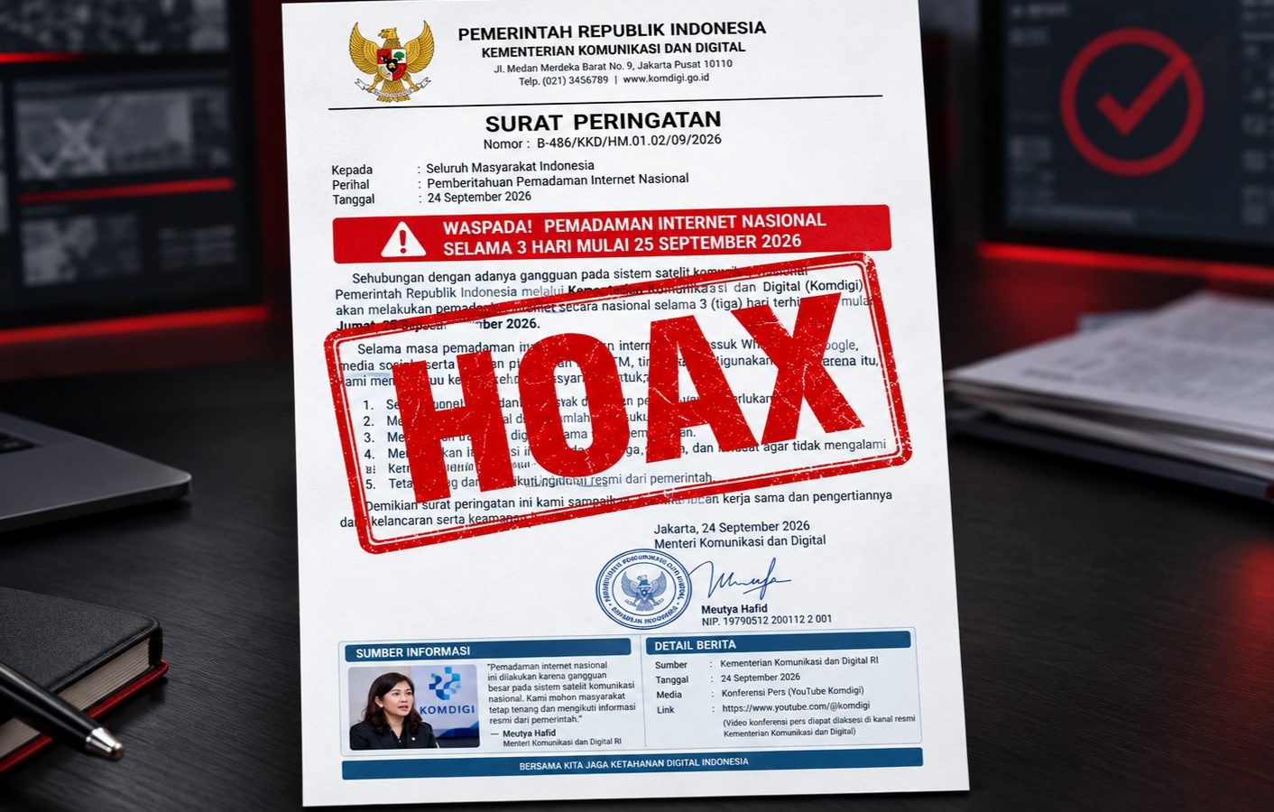 Dokumen palsu yang mengatasnamakan Kementerian Komunikasi dan Digital terkait isu pemadaman internet nasional 25–27 September 2026.