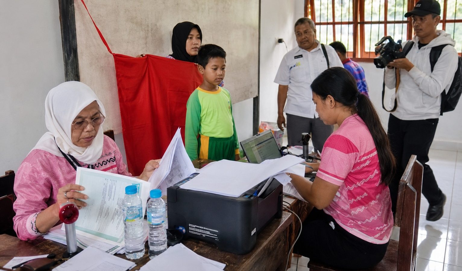 Ilustrasi warga mengikuti layanan administrasi kependudukan untuk pembuatan akta kelahiran anak.