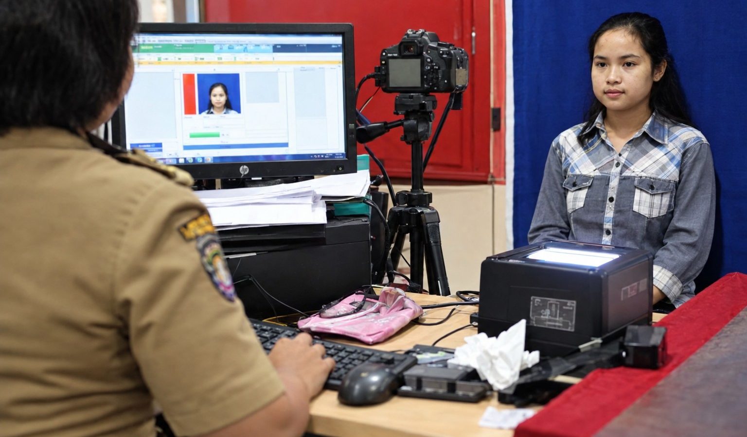Ilustrasi warga mengikuti proses perekaman data dan pengambilan foto untuk pembuatan Kartu Tanda Penduduk Elektronik (KTP-el).