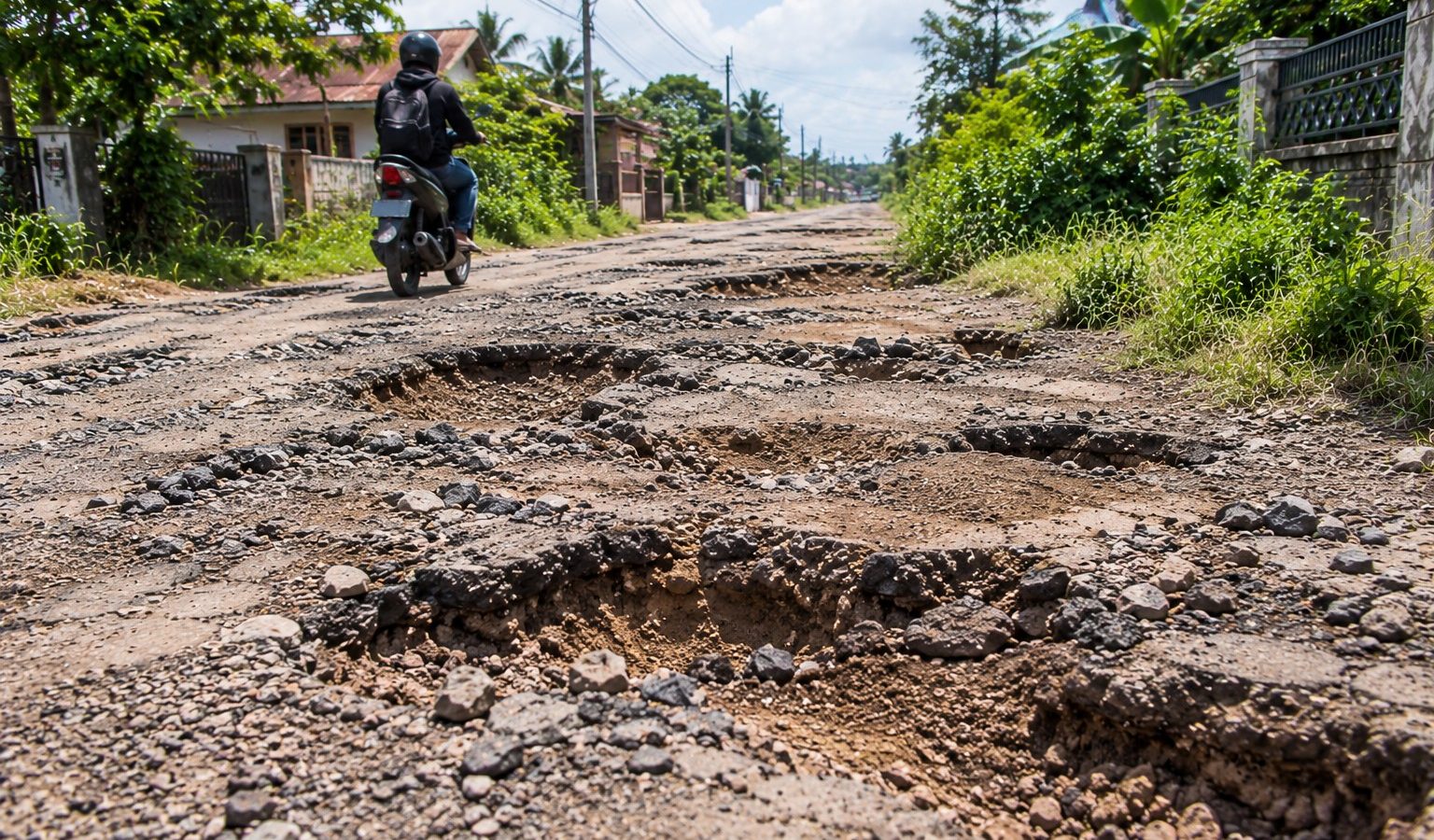 Jalan lingkungan rusak parah dan drainase yang belum memadai di Menteng XII, Kelurahan Menteng, Kota Palangka Raya.