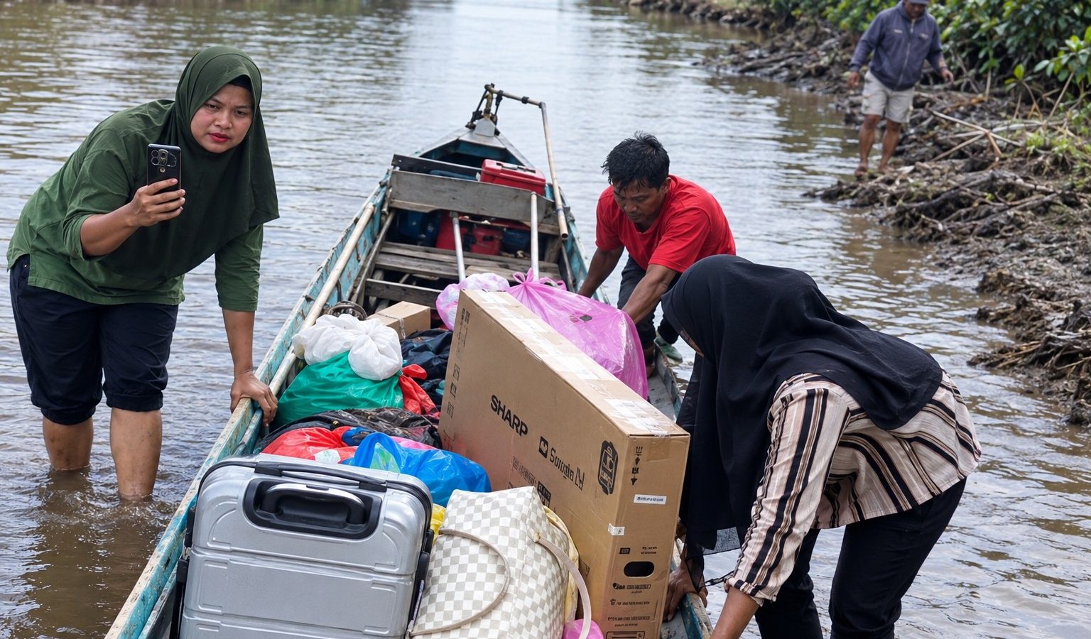 Kondisi Sungai Hantipan yang dangkal menyulitkan angkutan sungai masyarakat saat debit air turun pada musim kemarau.