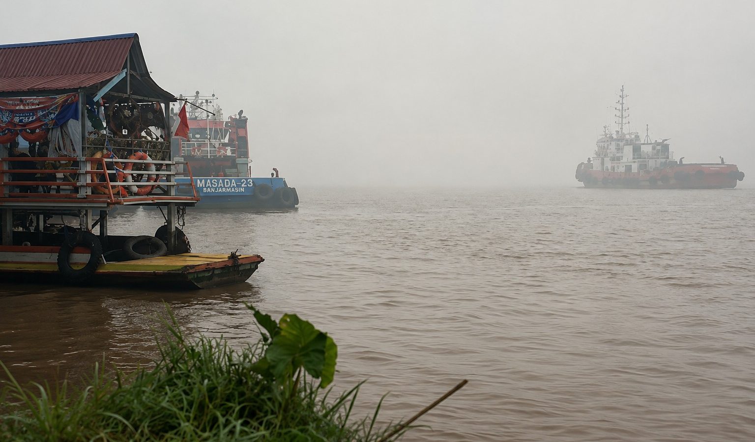 Aktivitas pelayaran di Sungai Mentaya, kawasan Pelabuhan Sampit, Kotawaringin Timur, tetap berlangsung di tengah kondisi jarak pandang yang terbatas akibat kabut/asap.
