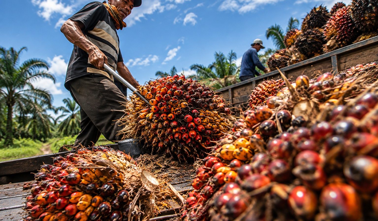 Pekerja memuat tandan buah segar kelapa sawit ke truk di tengah aktivitas panen di kawasan perkebunan.