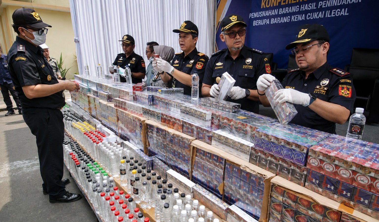 Petugas Bea Cukai memeriksa barang kena cukai ilegal hasil penindakan.