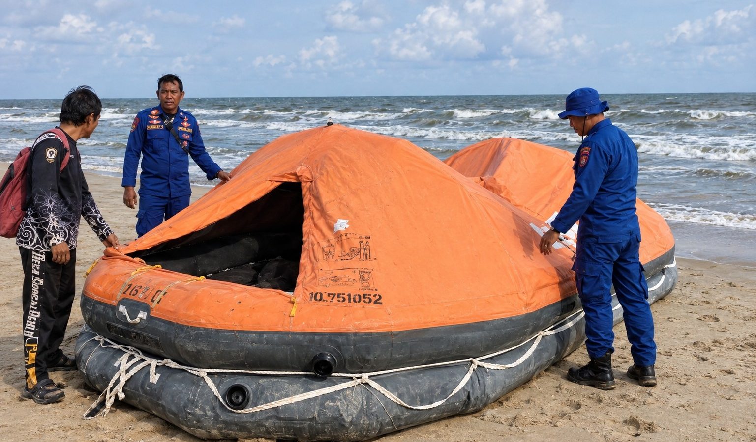 Petugas Ditpolairud Polda Kalteng mengamankan liferaft yang diduga milik KM Virgo Transport 8 di perairan Desa Sungai Perlu, Seruyan.