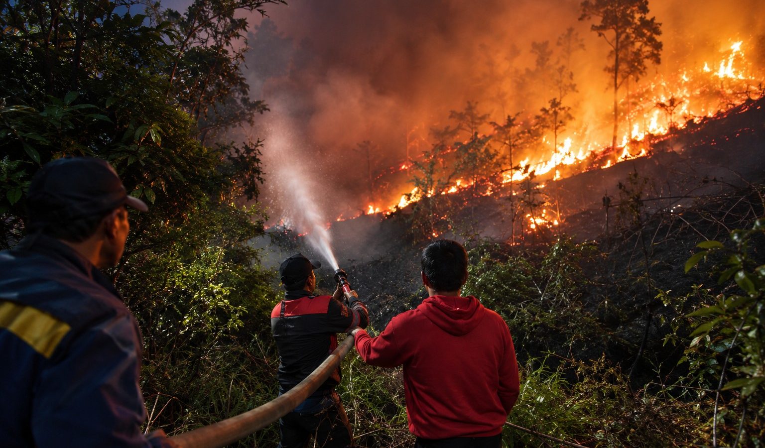 Petugas memadamkan kebakaran lahan di wilayah Gunung Mas di tengah penanganan karhutla dan kondisi kualitas udara yang memburuk.