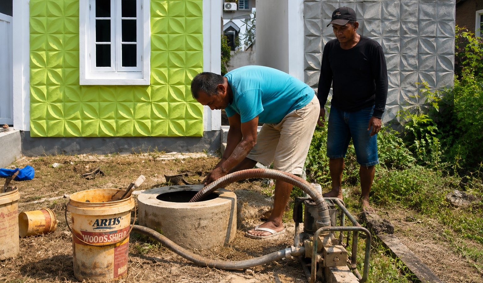Seorang tukang memperbaiki sumur di proyek pembangunan perumahan.