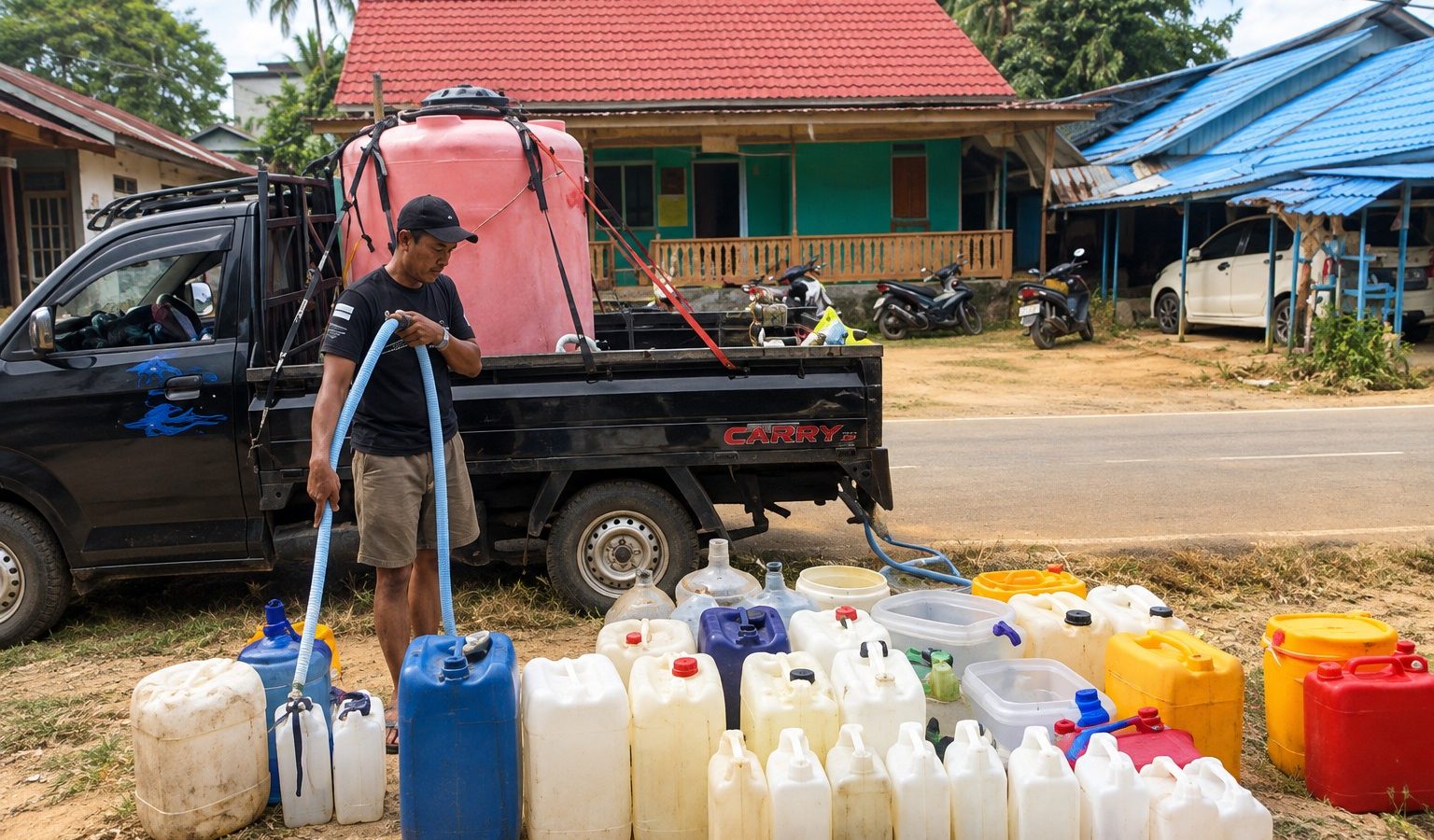 Warga Desa Rodok, Barito Timur, menerima distribusi bantuan air bersih di tengah kekeringan yang berlangsung hampir dua bulan.