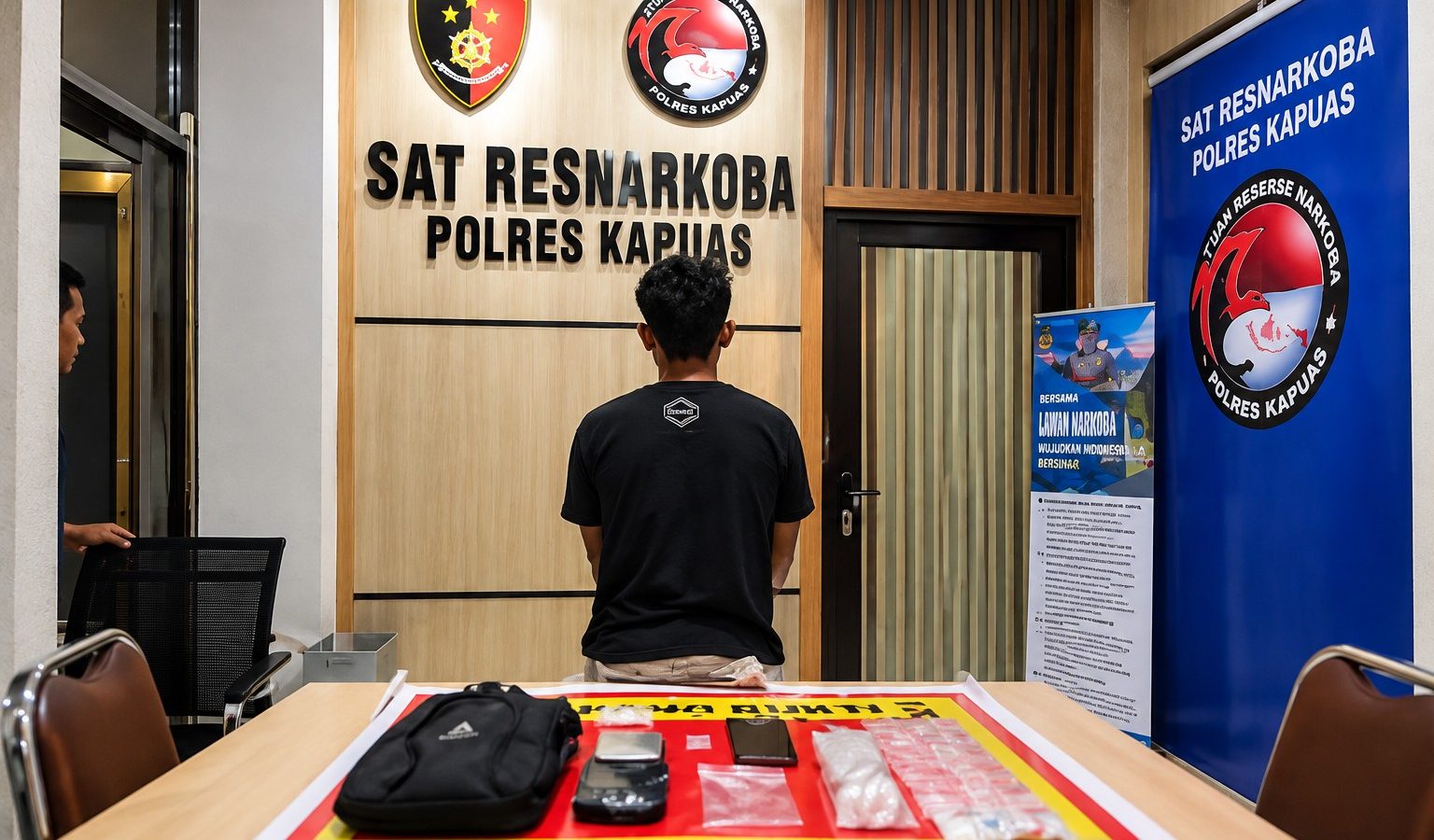 MM dan barang bukti yang diamankan Satresnarkoba Polres Kapuas setelah penindakan di Kecamatan Selat. (HMS/Polres Kapuas)