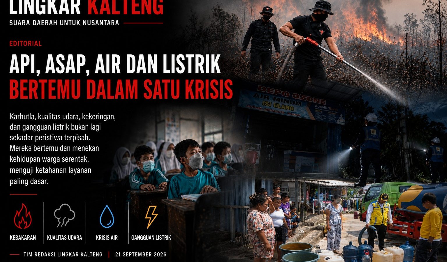 Karhutla, kabut asap, krisis air, dan gangguan listrik bertemu dalam satu ancaman bagi kehidupan warga Kalteng.