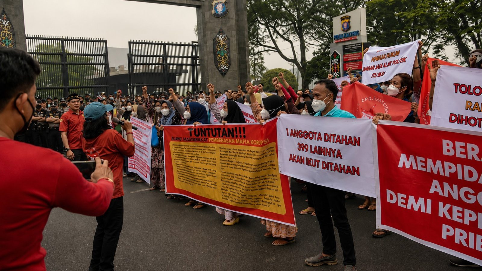 Anggota Aliansi Masyarakat Pemberantas Mafia Koperasi menggelar aksi damai di depan Mapolda Kalimantan Tengah.