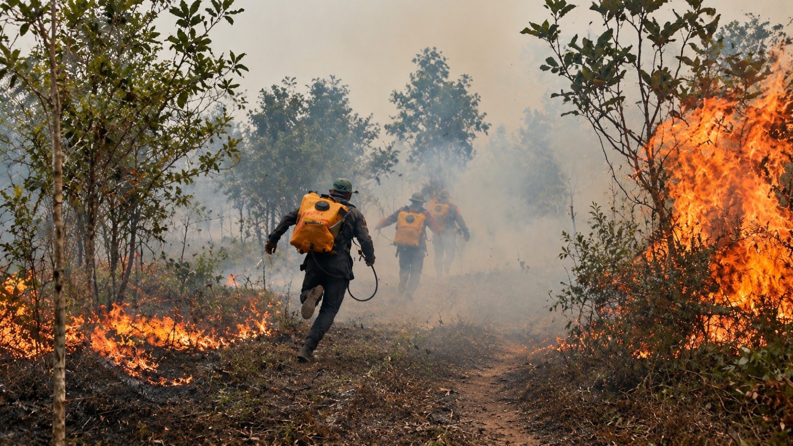 Beberapa relawan pemadaman kebakaran berlari memasuki areal yang terbakar di Taman Nasional Tanjung Puting.