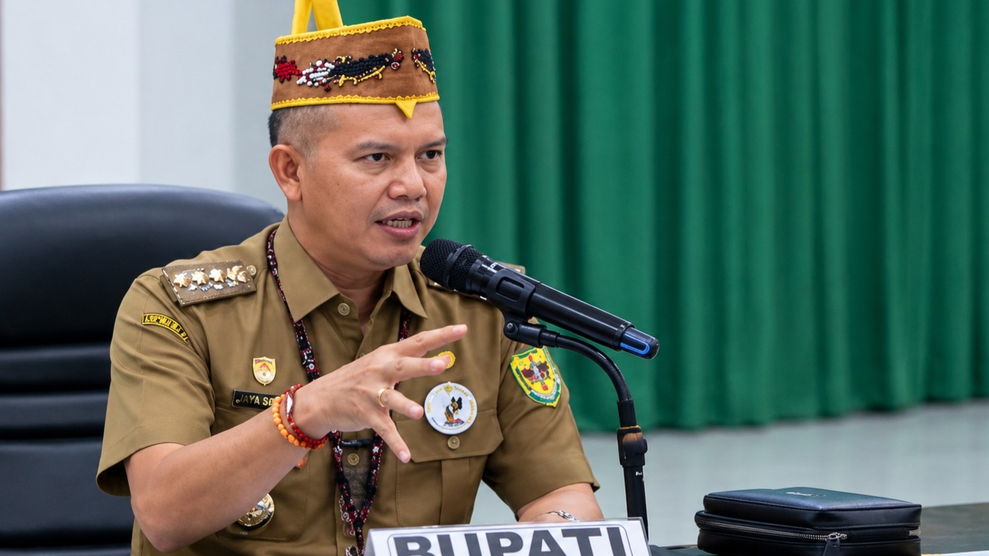 Bupati Gunung Mas Jaya Samaya Monong memimpin rapat tindak lanjut pemenuhan kewajiban HGU perusahaan perkebunan kelapa sawit di Kuala Kurun.