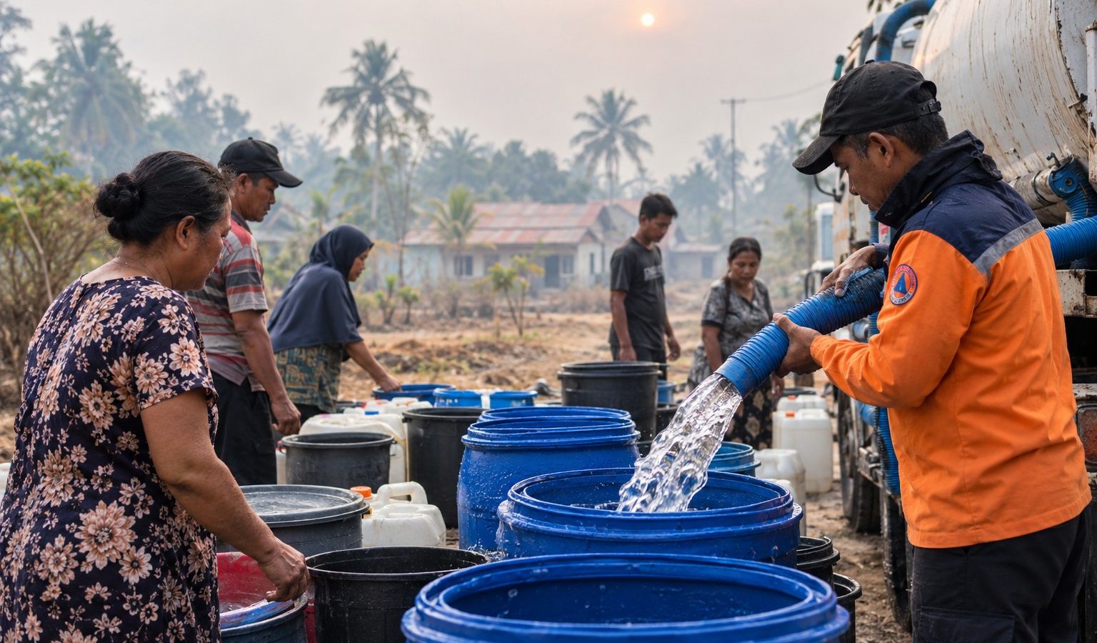 Distribusi air bersih kepada warga di Kalimantan Tengah di tengah kekeringan dan keterbatasan pasokan air.