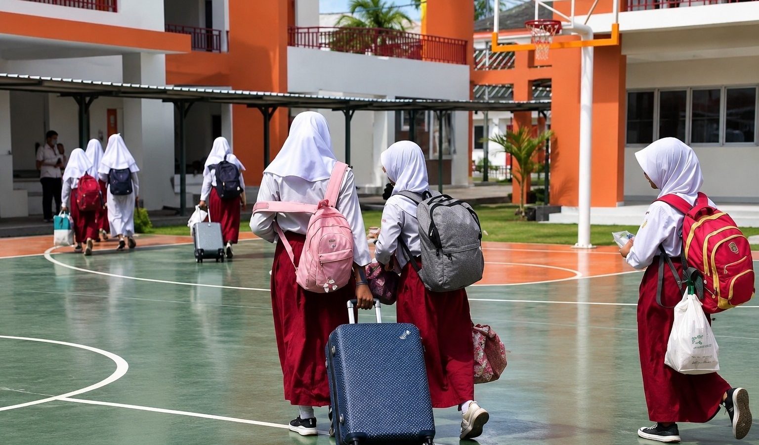 Ilustrasi/Peserta didik Sekolah Rakyat bersiap menuju asrama dengan membawa perlengkapan pribadi sebagai bagian dari pola pendidikan berasrama.