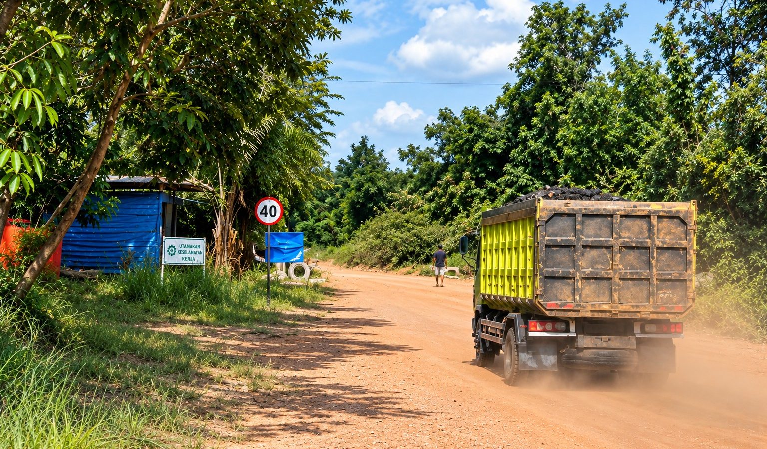 Ilustrasi aktivitas hauling pengangkutan batu bara menggunakan truk angkut di jalan operasional tambang.