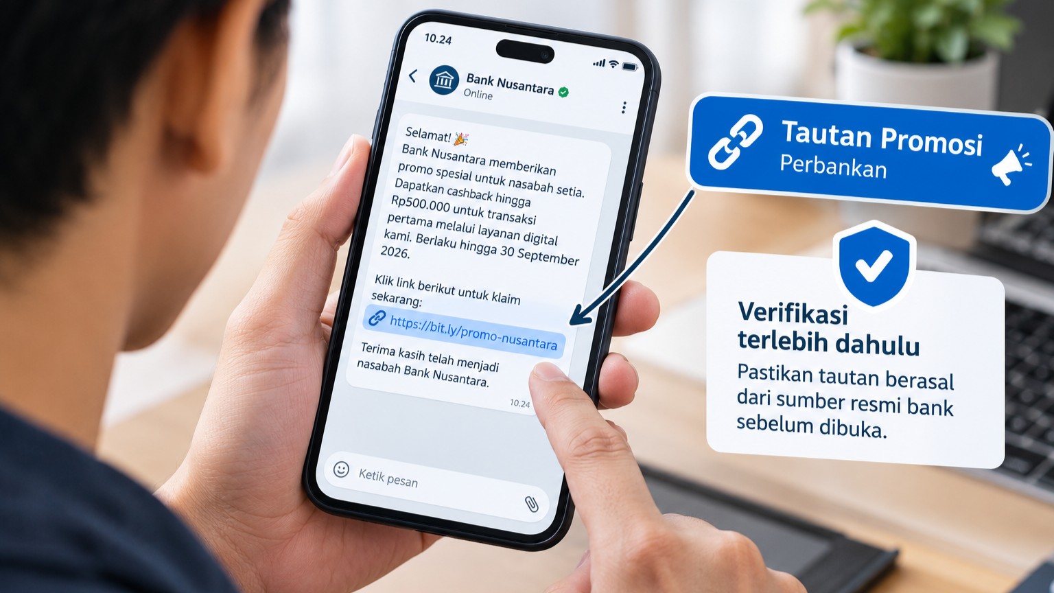 Ilustrasi/pengguna ponsel menerima tautan promosi digital yang mengatasnamakan layanan perbankan dan perlu diverifikasi sebelum dibuka.