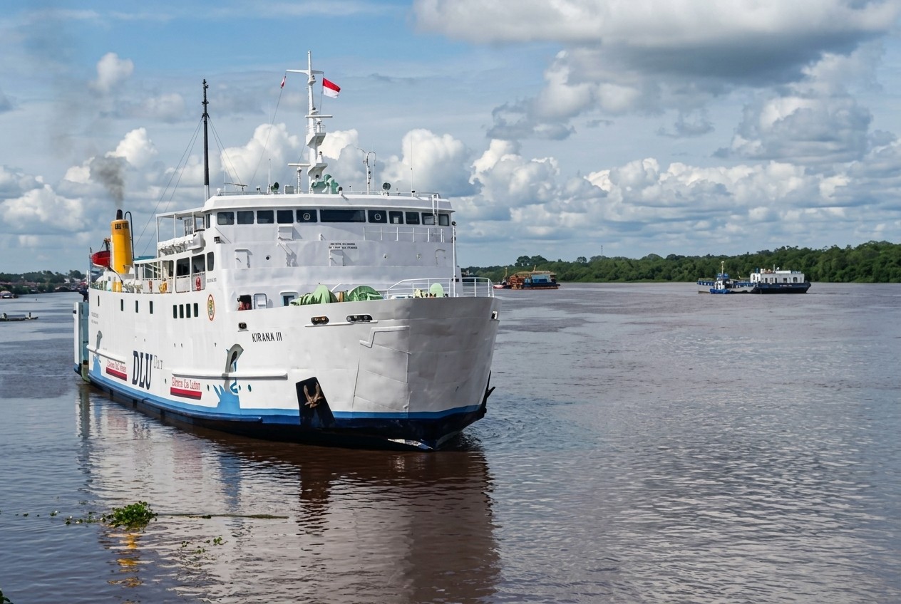 Kapal berada di perairan menuju Pelabuhan Sampit, kawasan yang akses pelayarannya dipengaruhi kondisi kedalaman dan pasang surut Sungai Mentaya.