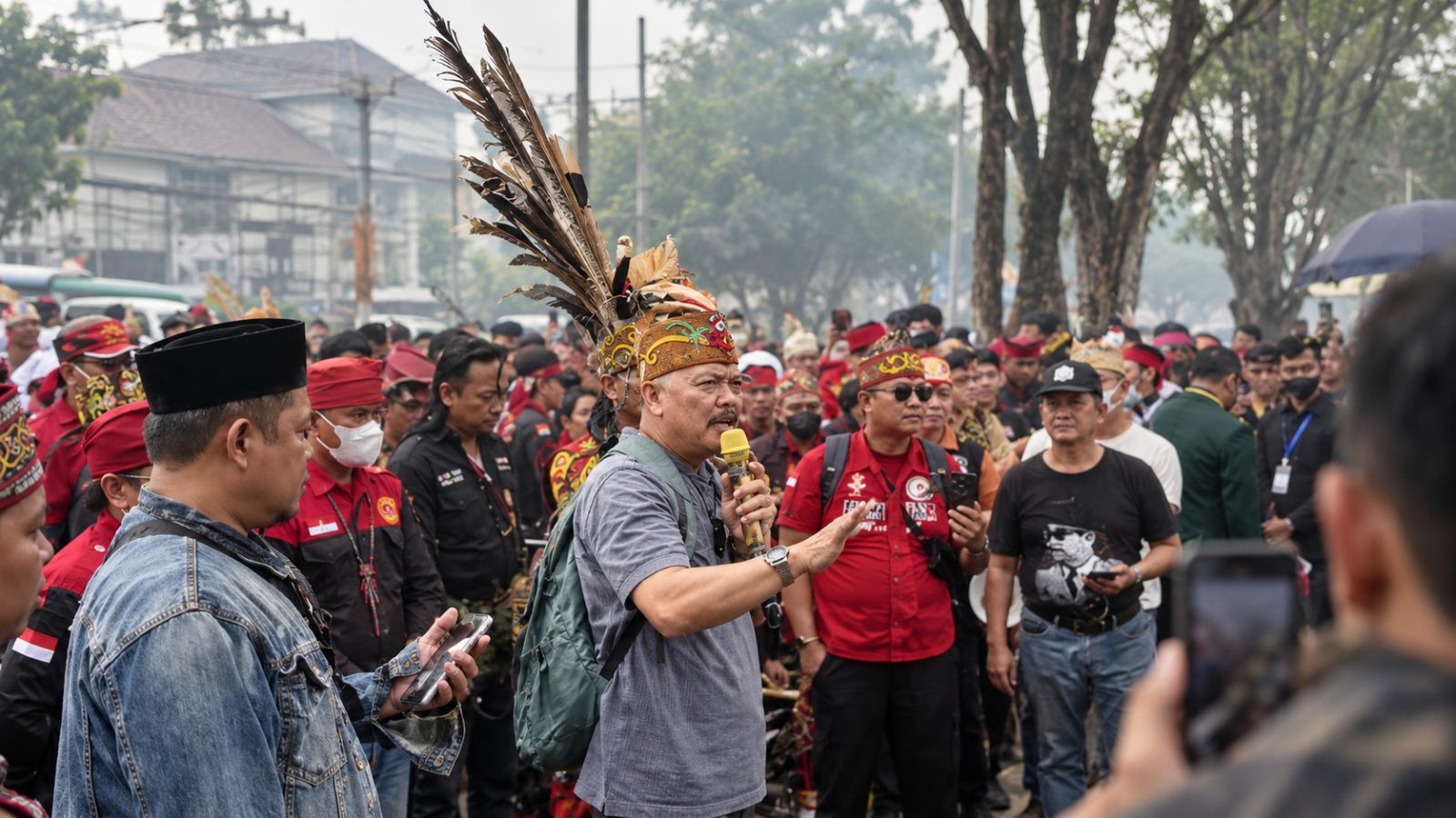 Massa Aliansi Kongres Rakyat Kalimantan Tengah (KRKT) menggelar aksi demonstrasi di depan Kantor Gubernur Kalimantan Tengah, Jalan G. Obos, Palangka Raya, Kamis (15/10/2026), menyuarakan tuntutan perlindungan masyarakat dari dampak kabut asap akibat karhutla.