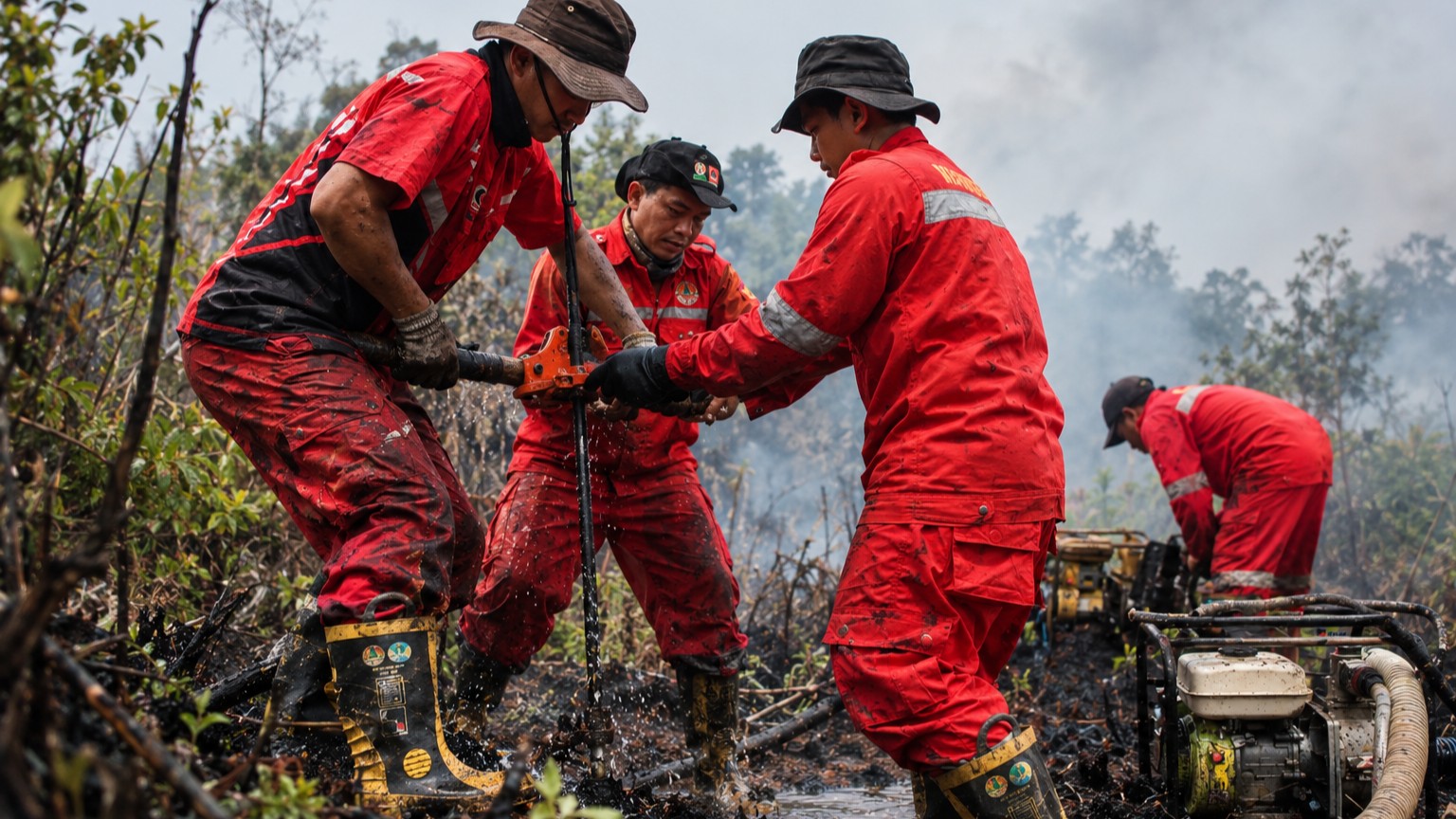 Personel Manggala Agni membuat sumur bor sebagai sumber air untuk pemadaman kebakaran hutan dan lahan di sejumlah wilayah Kalimantan Tengah.