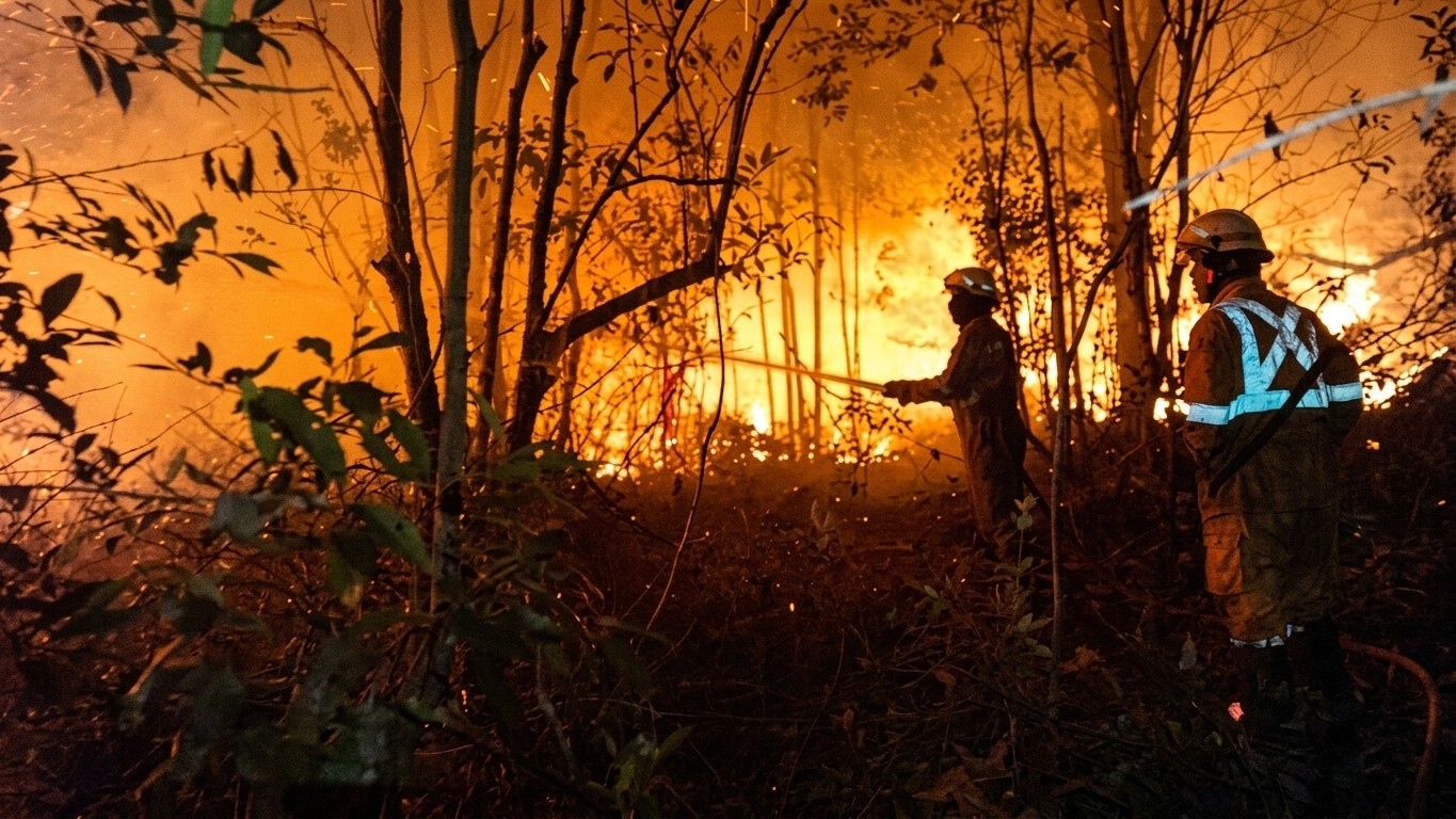 Personel Satgas Penanggulangan Karhutla Kotawaringin Timur melakukan pemadaman kebakaran lahan di Jalan Lingkar Utara, Kecamatan Baamang, Kotawaringin Timur.
