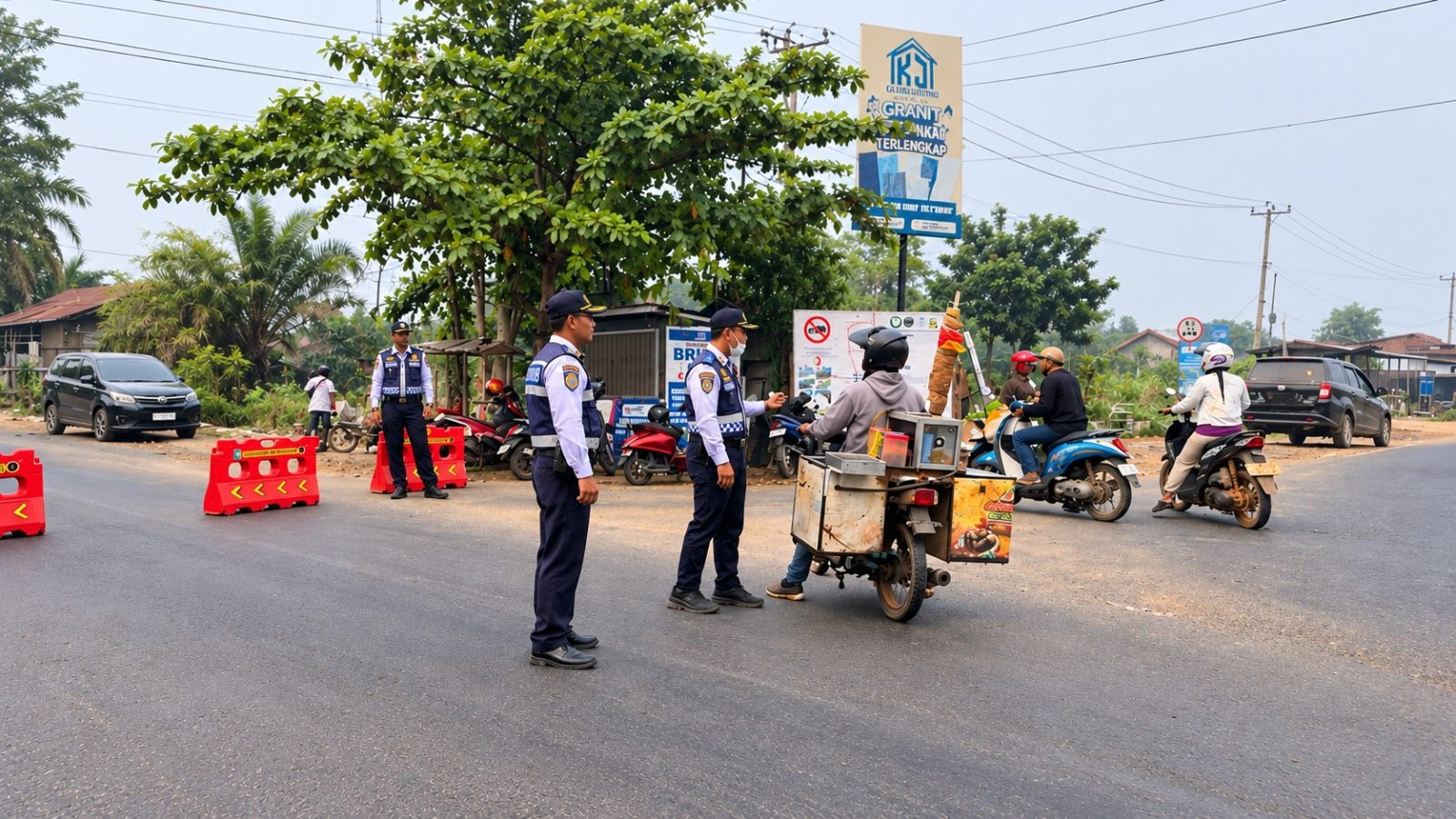 Petugas Dinas Perhubungan Kabupaten Kotawaringin Timur mengalihkan arus kendaraan di jalur menuju Bandara Haji Asan Sampit.