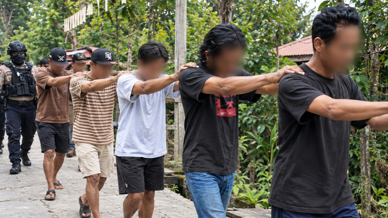 Petugas gabungan menggiring sejumlah pria saat penggerebekan dalam operasi pemberantasan narkotika di kawasan Puntun, Kelurahan Pahandut, Palangka Raya.