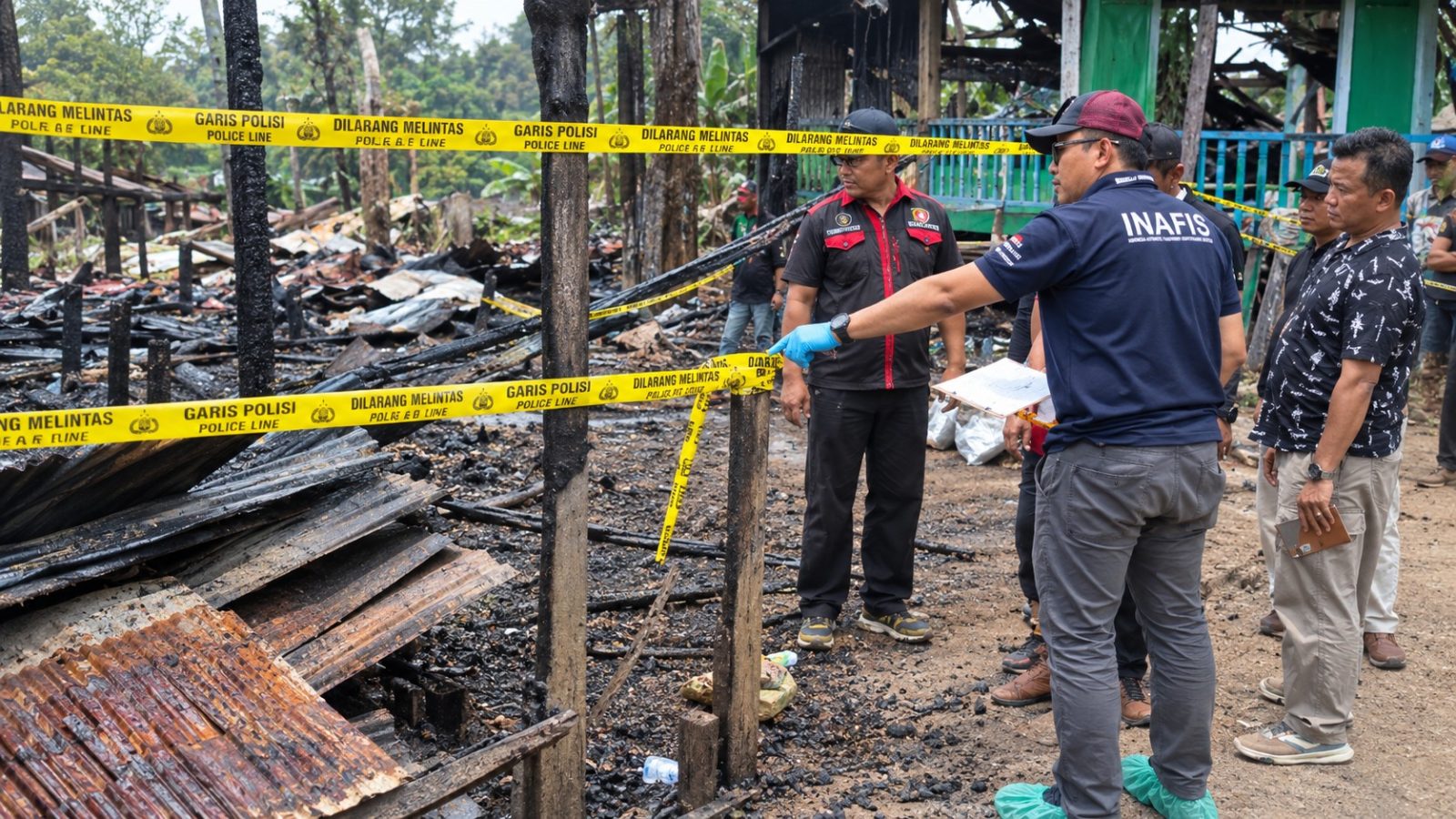 Petugas kepolisian melakukan olah TKP kebakaran di RT 10, Kelurahan Tumbang Lahung, Kecamatan Permata Intan, Murung Raya.