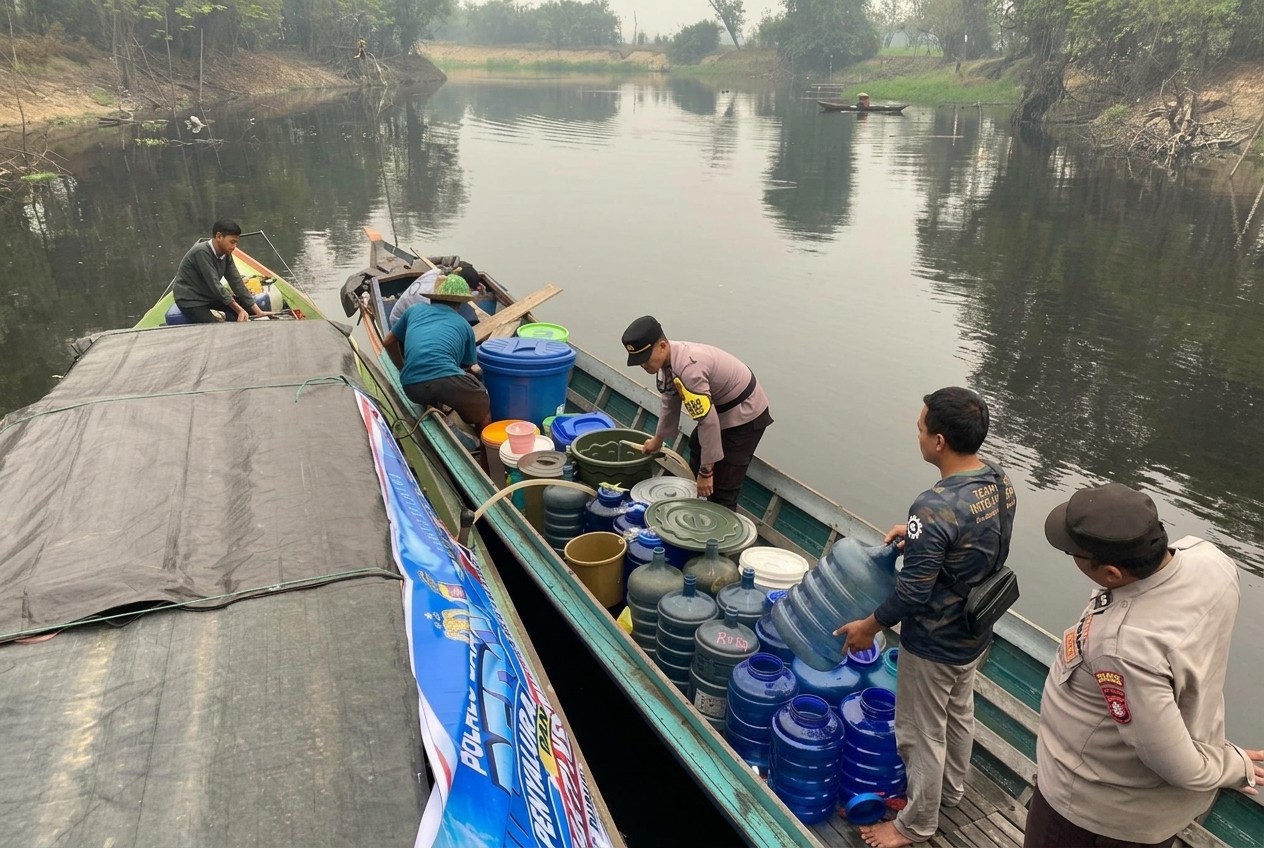 Petugas membawa air bersih menggunakan kelotok untuk menjangkau permukiman warga Desa Batampang.
