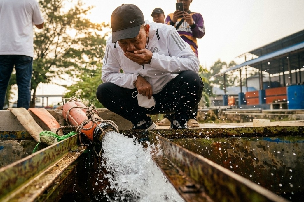 Petugas memeriksa kondisi air baku PDAM yang mengalami peningkatan kadar garam di tengah kemarau berkepanjangan.