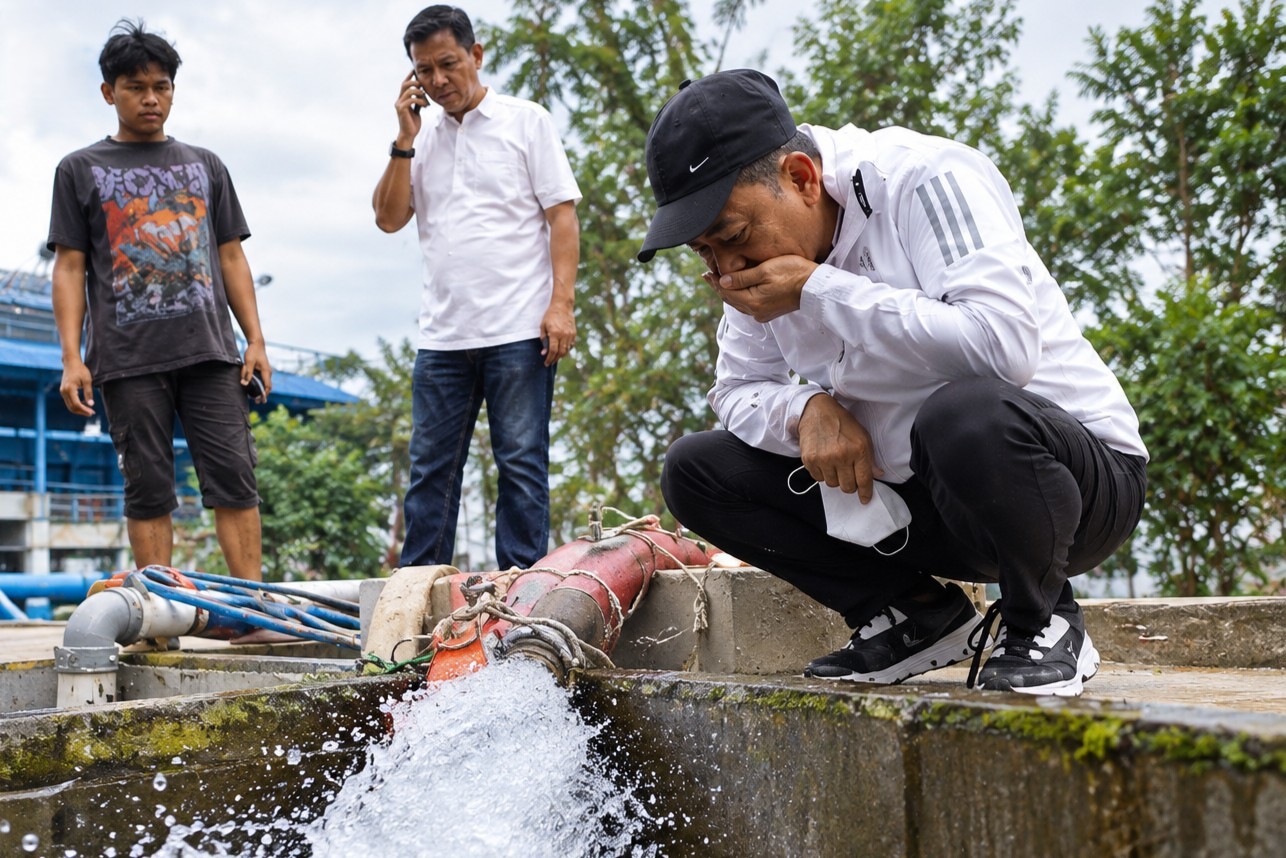 Petugas memeriksa kondisi air baku PDAM yang mengalami peningkatan kadar garam di tengah kemarau berkepanjangan.