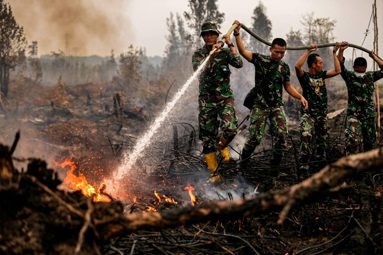 Prajurit TNI berjibaku memadamkan kebakaran hutan dan lahan di Palangka Raya, Kalimantan Tengah.