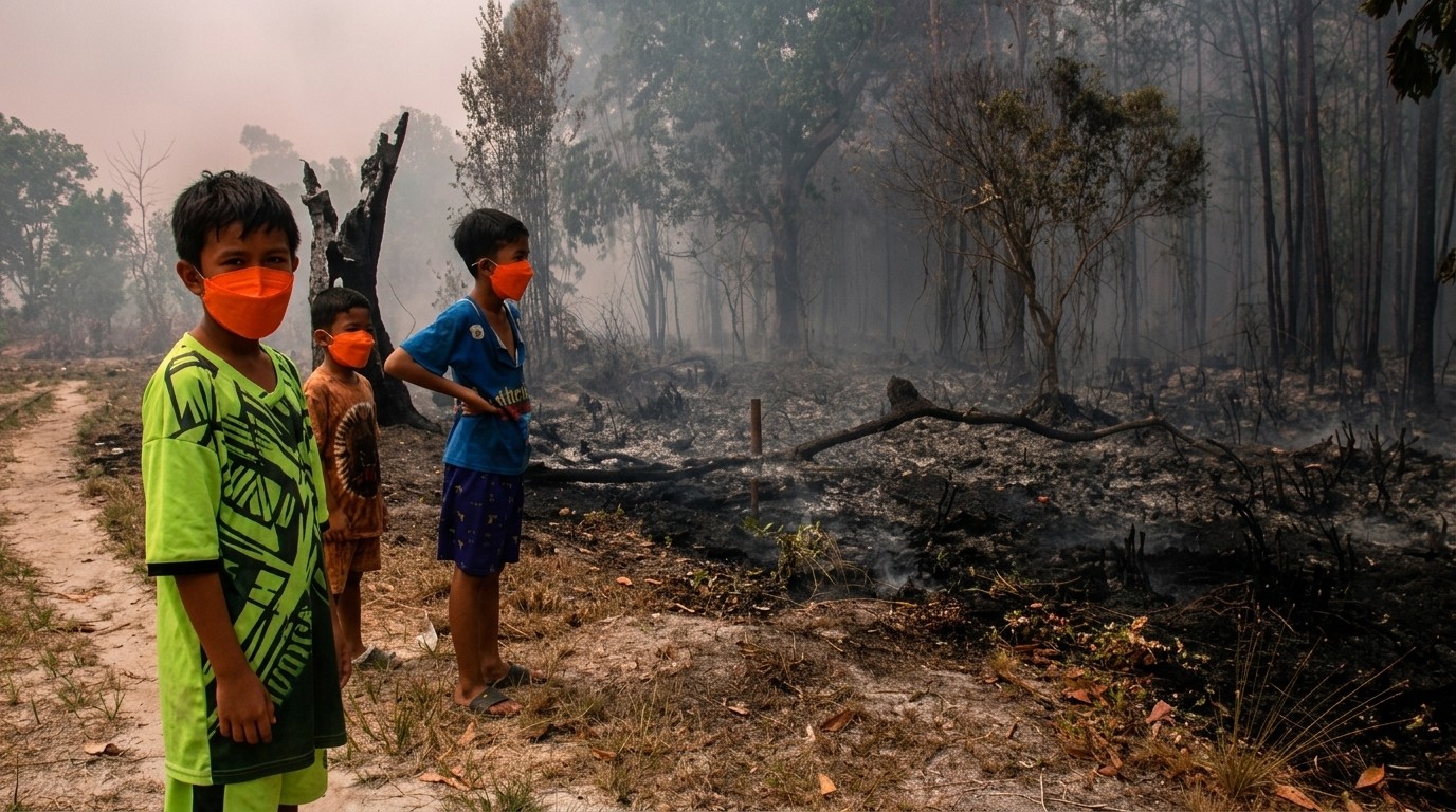Sejumlah anak berada di sekitar lokasi kebakaran hutan dan lahan (karhutla), menyoroti pentingnya perlindungan keselamatan warga di tengah ancaman kebakaran.