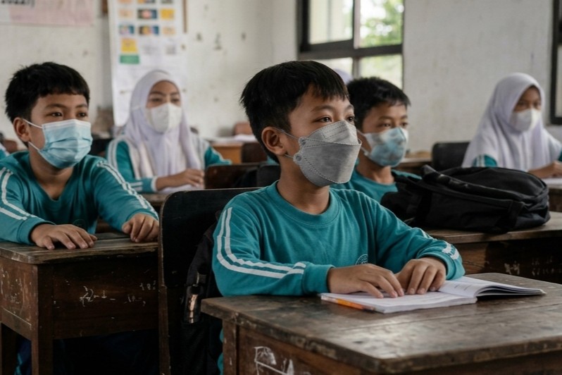 Siswa mengenakan masker saat berada di lingkungan sekolah di Palangka Raya. Kondisi udara akibat kabut asap karhutla kembali memengaruhi pelaksanaan pembelajaran.