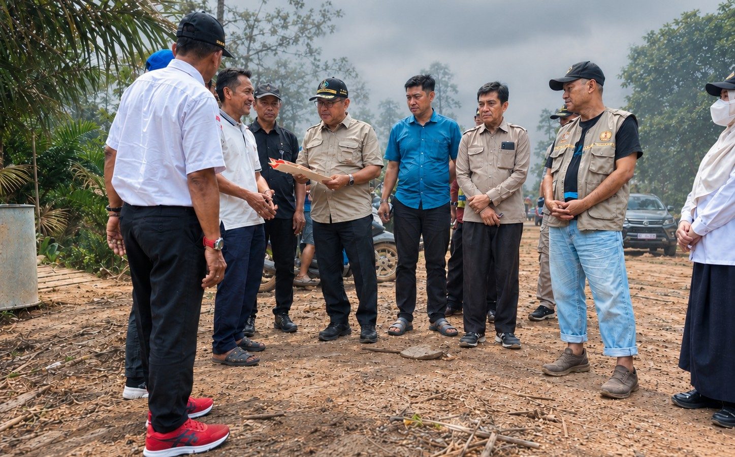 Tiga kepala desa menyerahkan usulan pembangunan jalan kepada rombongan Komisi IV DPRD Kalimantan Tengah saat meninjau kondisi Jalan Cempaka Mulia Timur–Kampung Melayu.
