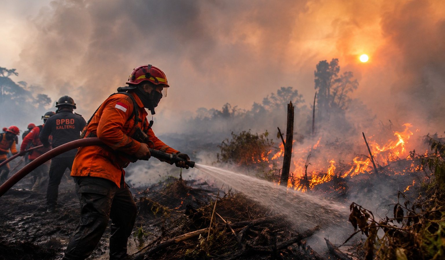 Ilustrasi/Tim gabungan melakukan penanganan kebakaran hutan dan lahan di Kalimantan Tengah saat kondisi asap masih berdampak pada aktivitas masyarakat.