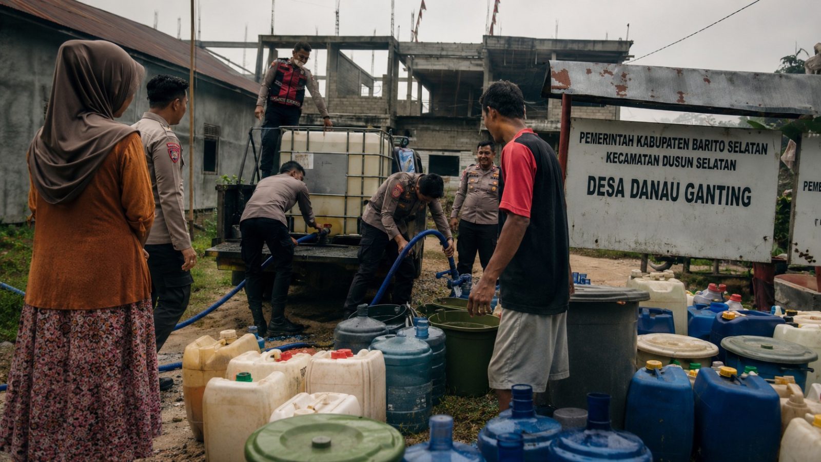 Warga Desa Danau Ganting, Barito Selatan, menerima bantuan air bersih dari Polres Barito Selatan.