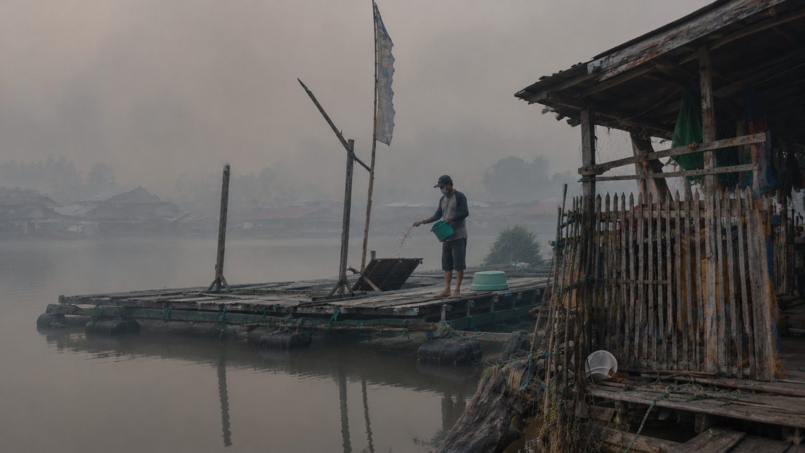 Warga memberi pakan ikan keramba di tengah tekanan ekonomi akibat kematian ikan saat kemarau, diperparah kabut asap karhutla dan gagal panen.