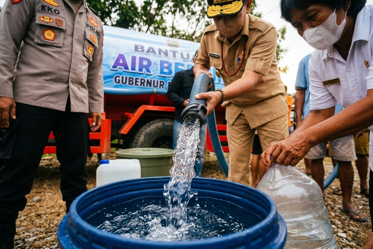 Warga menerima air bersih saat kemarau panjang melanda sejumlah wilayah Kalimantan Tengah dan sumber air masyarakat mulai berkurang.